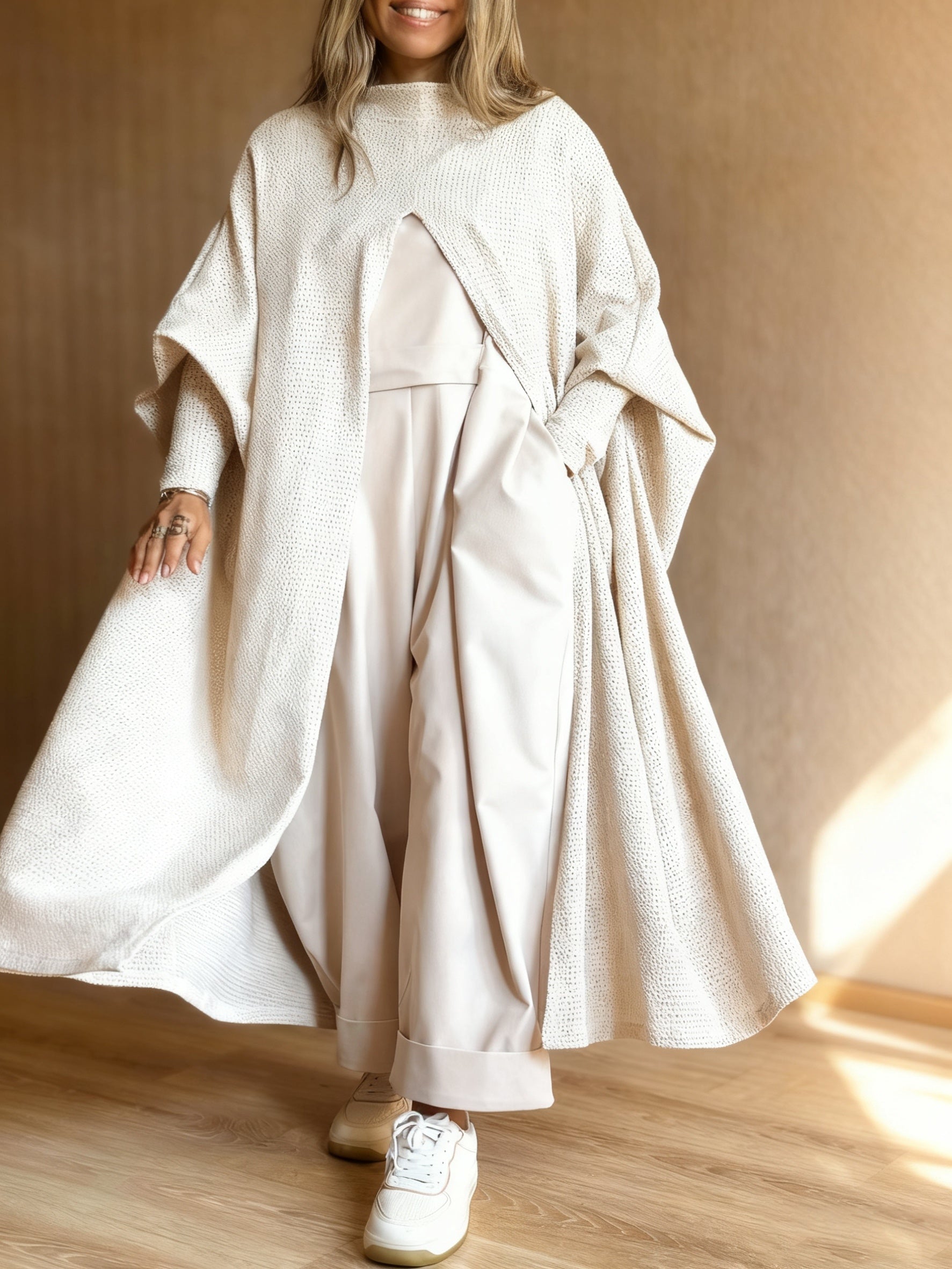 Beige Knit Hooded Duster Top
