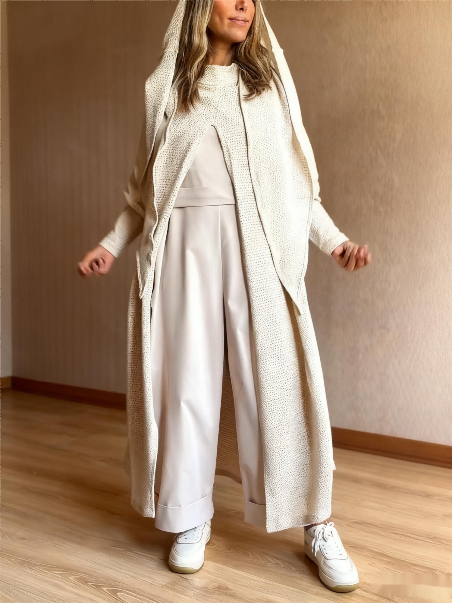 Beige Knit Hooded Duster Top