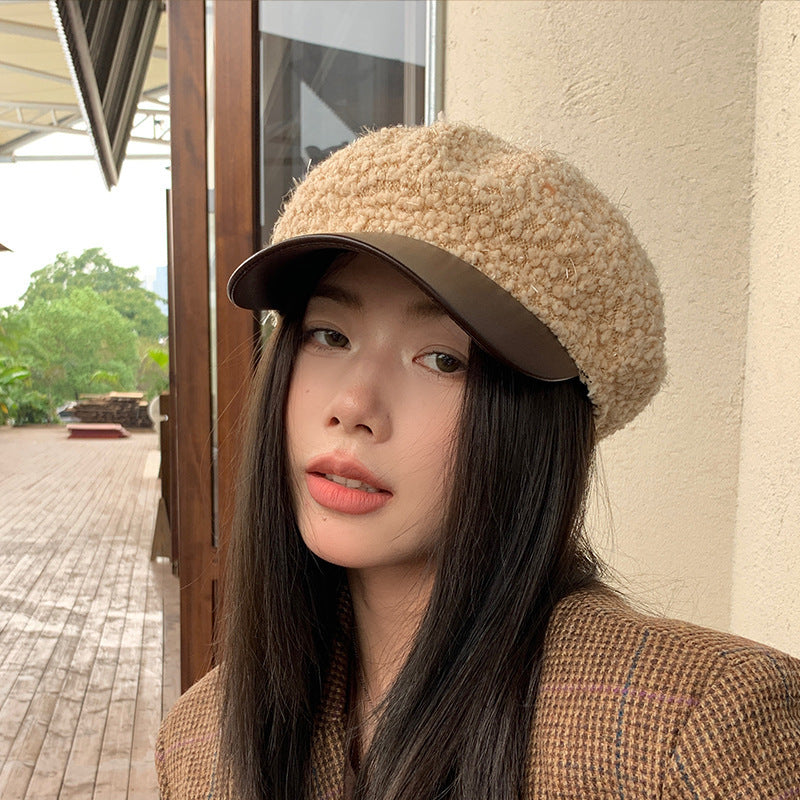 Korean PU Leather Brim Beret Autumn And Winter