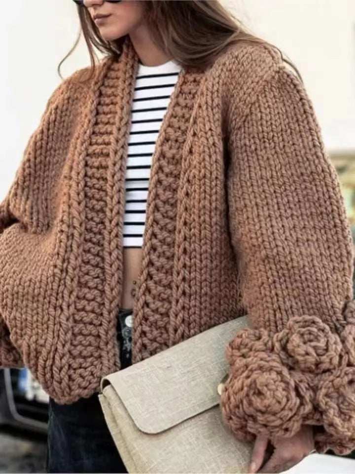 Long Sleeve Sweater Fashion Flower Sleeve Coarse Woven Knitted Cardigan