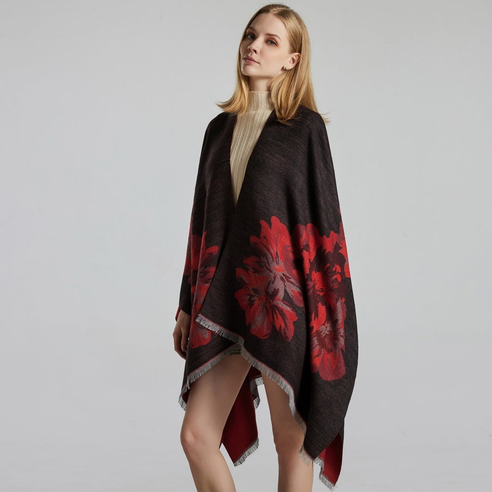 European And American Fashion Jacquard Split Thickened Warm Split Shawl