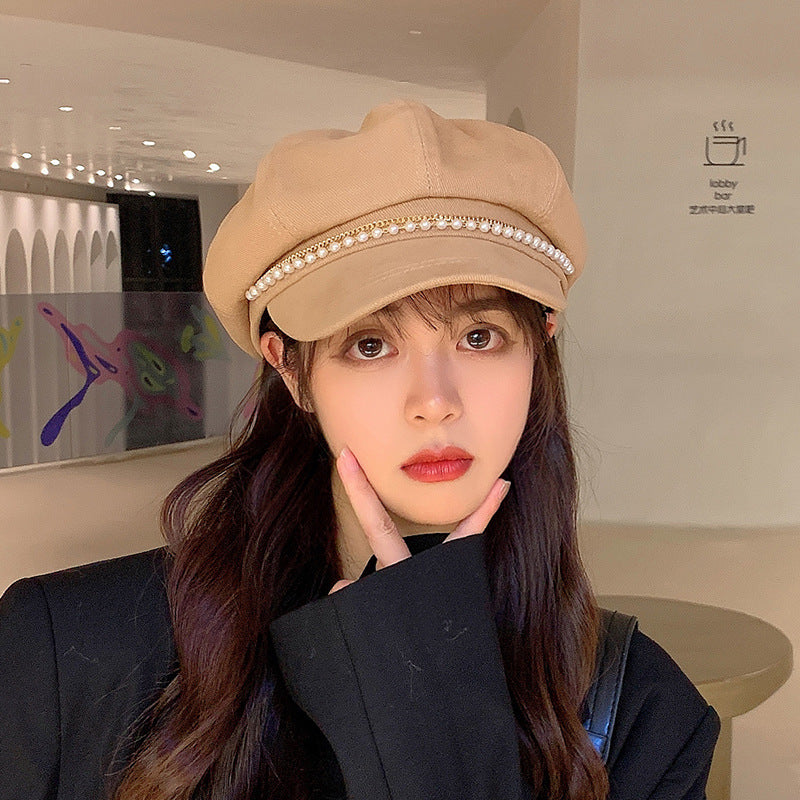 Pearl Octagonal Cap Korean Style All-matching Graceful Beret Classic Style Duck Tongue Newsboy Cap Tide