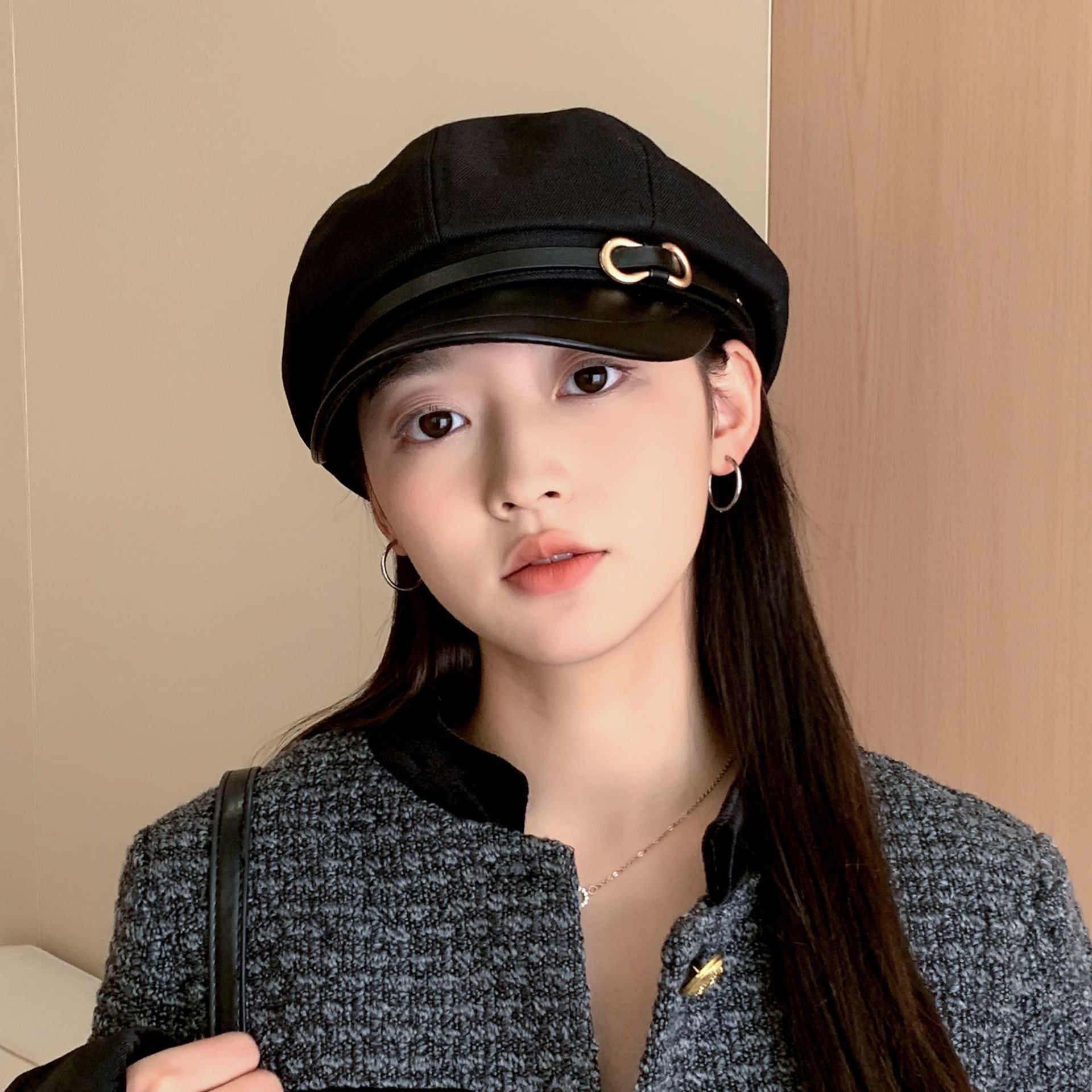 Casual Face-showing Small Peak Cap Octagonal Cap Leather Brim Hat With Buckle