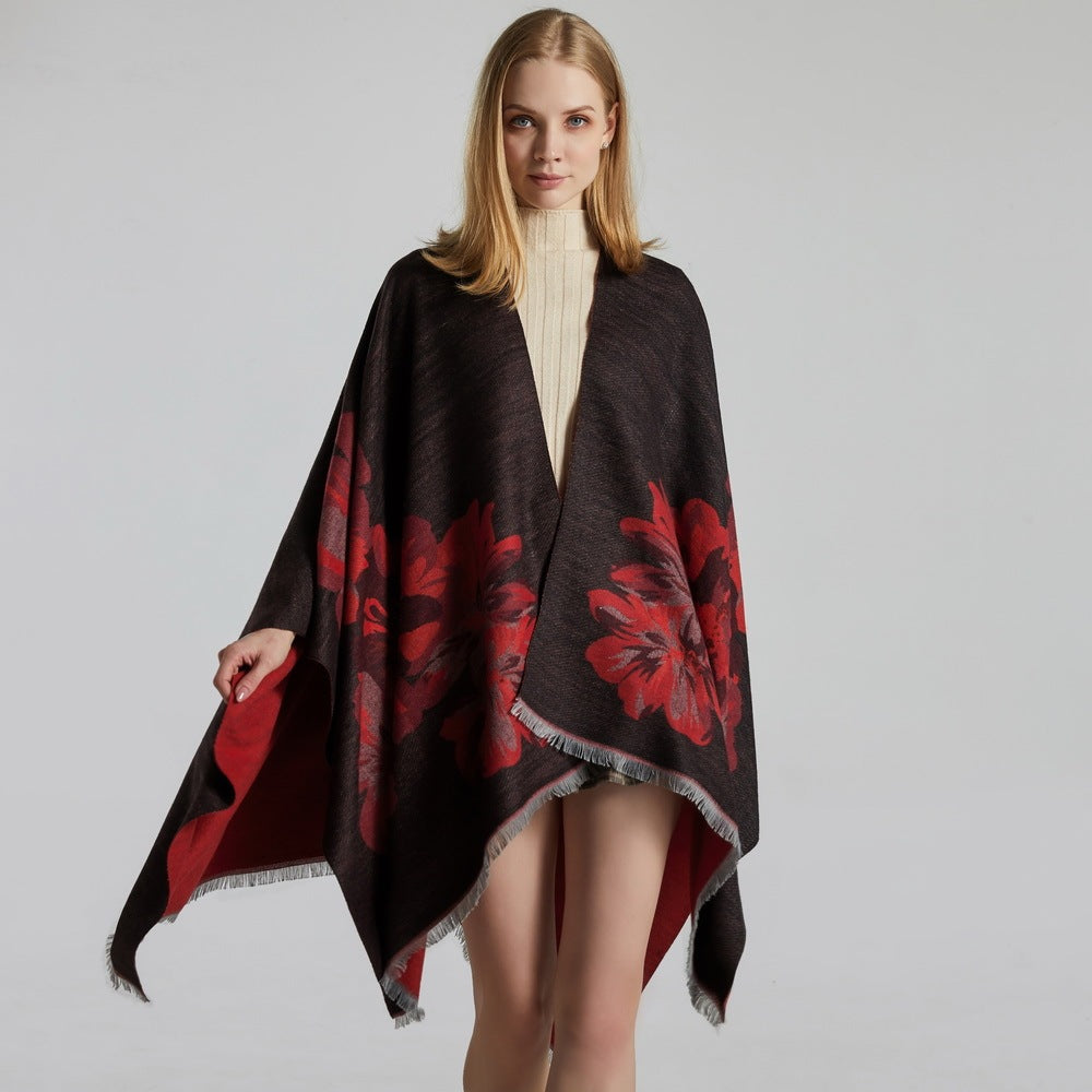 European And American Fashion Jacquard Split Thickened Warm Split Shawl