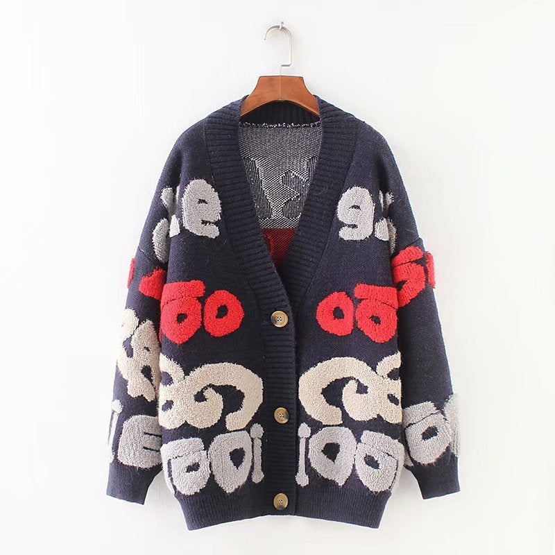 Foreign Trade Korean Style Loose And Idle Style Letter V-neck Mid-length Sweater