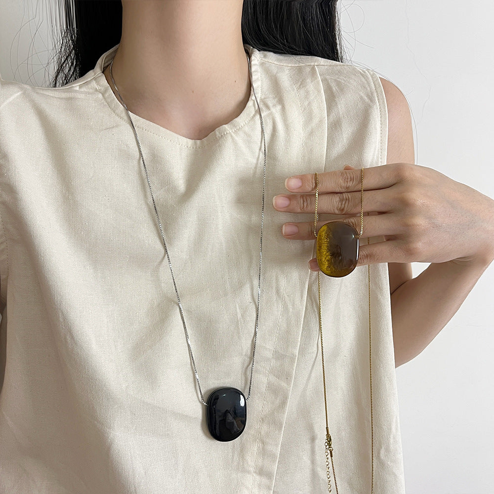 Square Tigereye Pendant Necklace Long Obsidian Sweater Chain Personalized All-matching Accessories