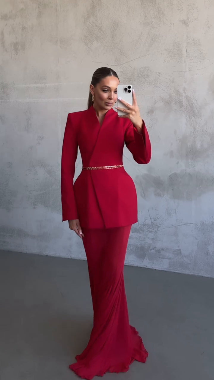 Cross-border Foreign Trade Design Sense Temperament Commute Pure Color Mesh Suit