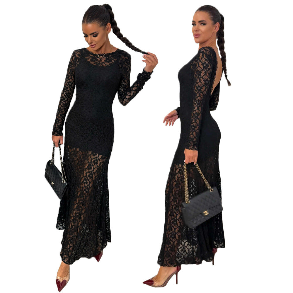 Sexy Backless Lace Long Sleeve Solid Color Strap Long Dress
