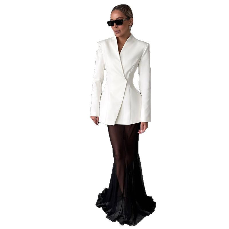 Cross-border Foreign Trade Design Sense Temperament Commute Pure Color Mesh Suit