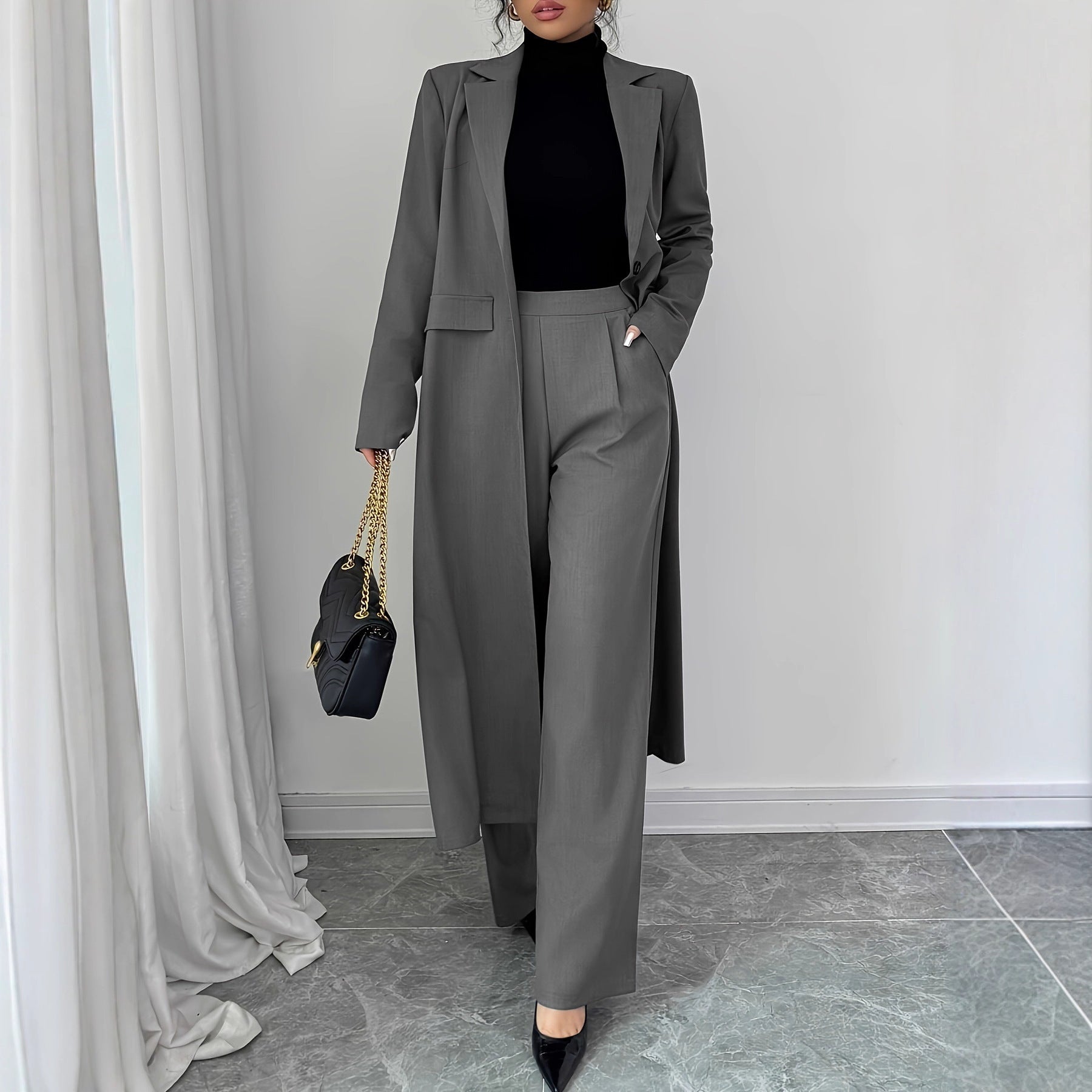 Long Jacket Without Lining Pants Elegant Graceful Two-piece Suit