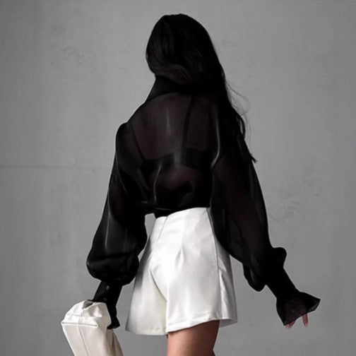 Women's Design Bandage Dress White With Lapel Long-sleeved Top