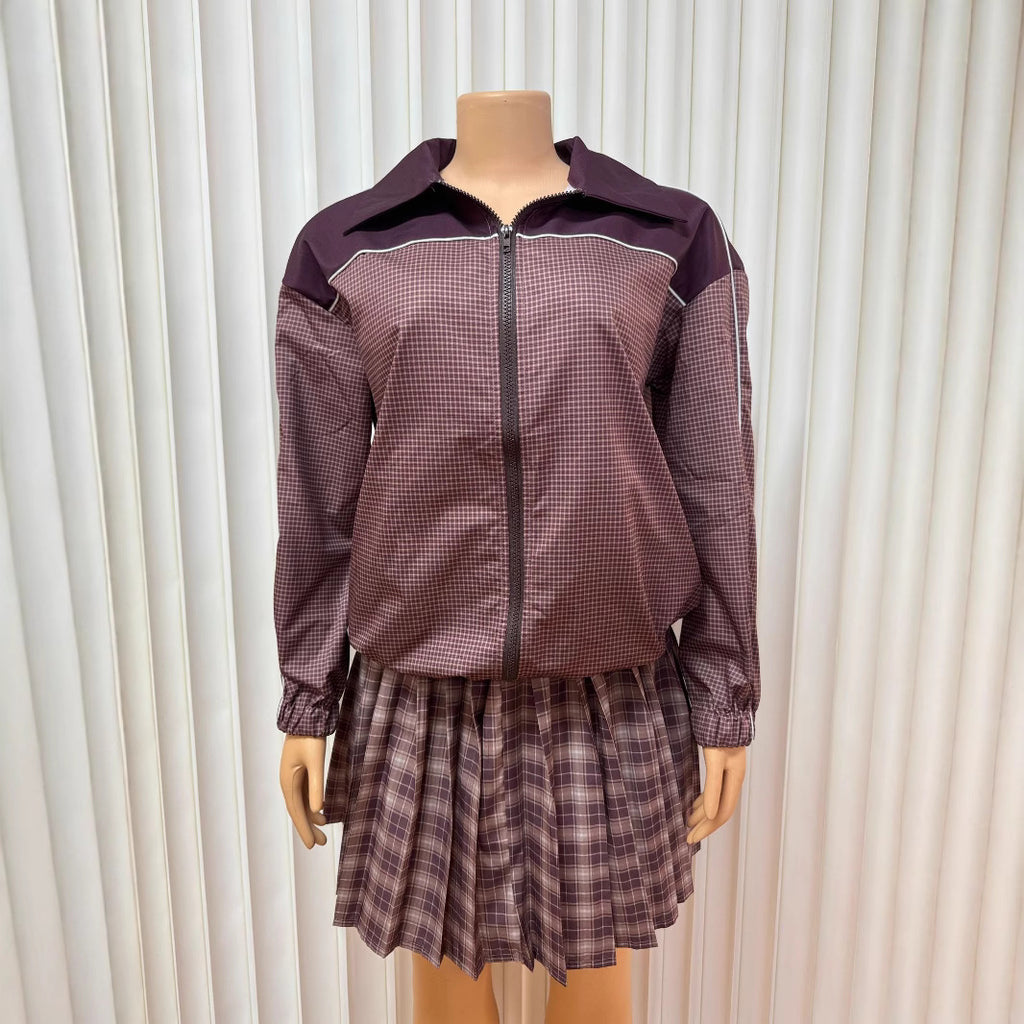 Lapel Zipper Cardigan Long-sleeved Top Sexy Skirt Two-piece Set