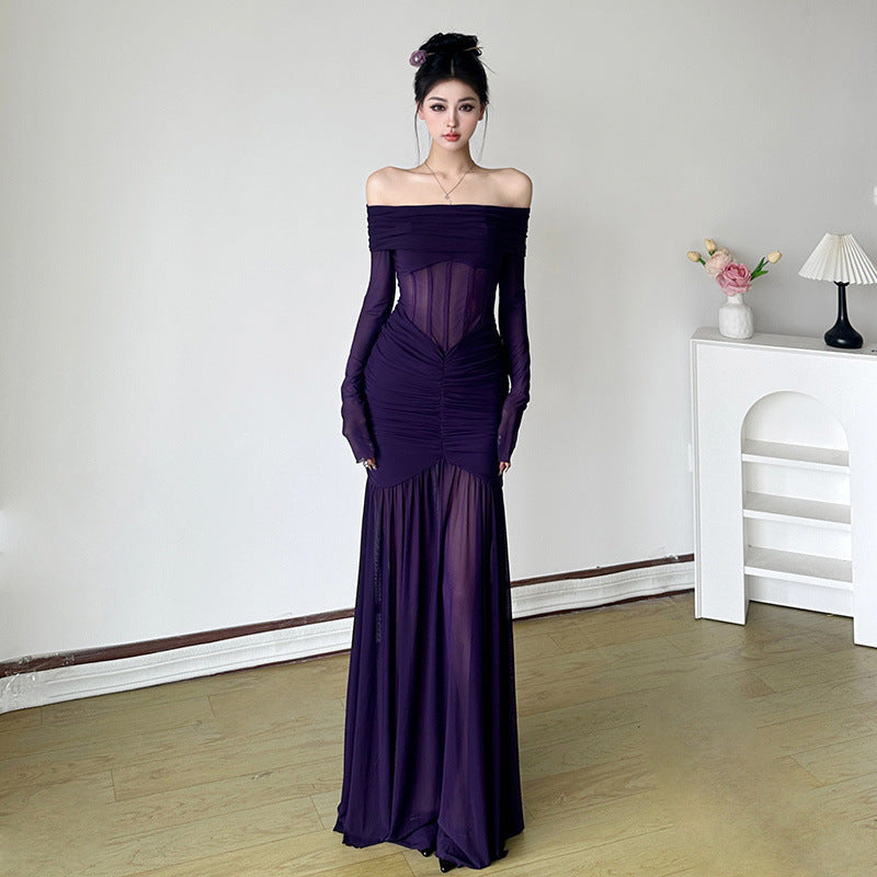 Purple Mesh Dress Off-shoulder Fishbone Waist