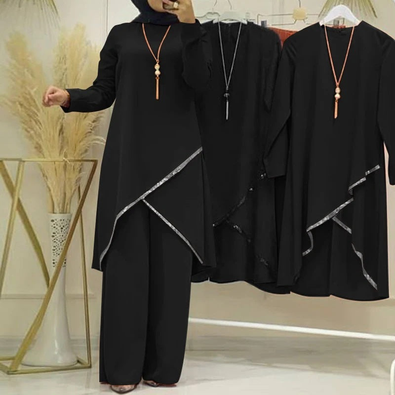 O-collar Long Sleeve Shirt Wide Leg Pants Suit Casual Women's Suit