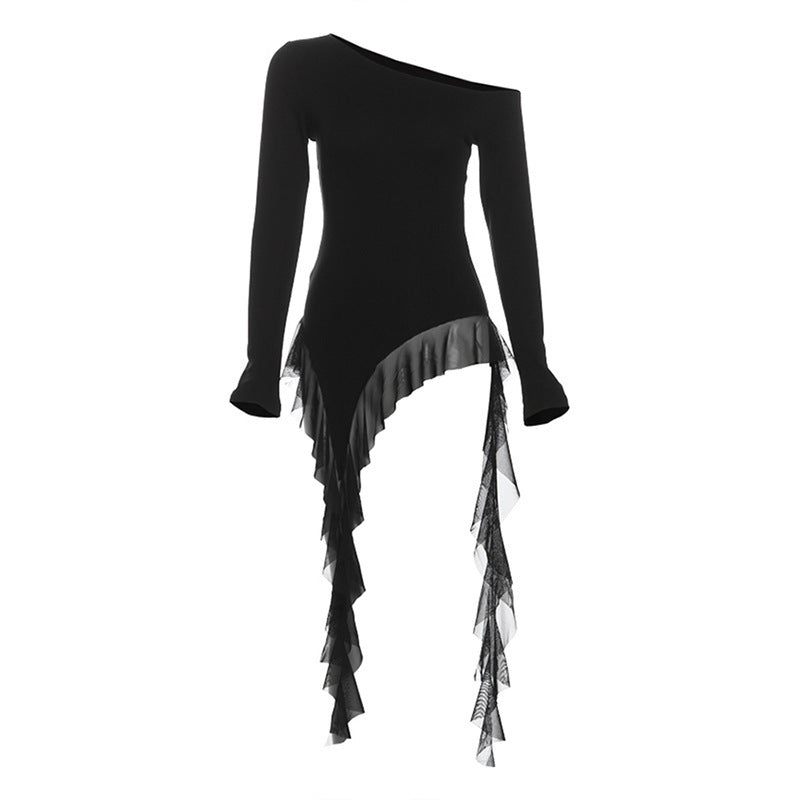 Women's Solid Color Slim-fit Street Fashion Diagonal Collar Long-sleeved Top