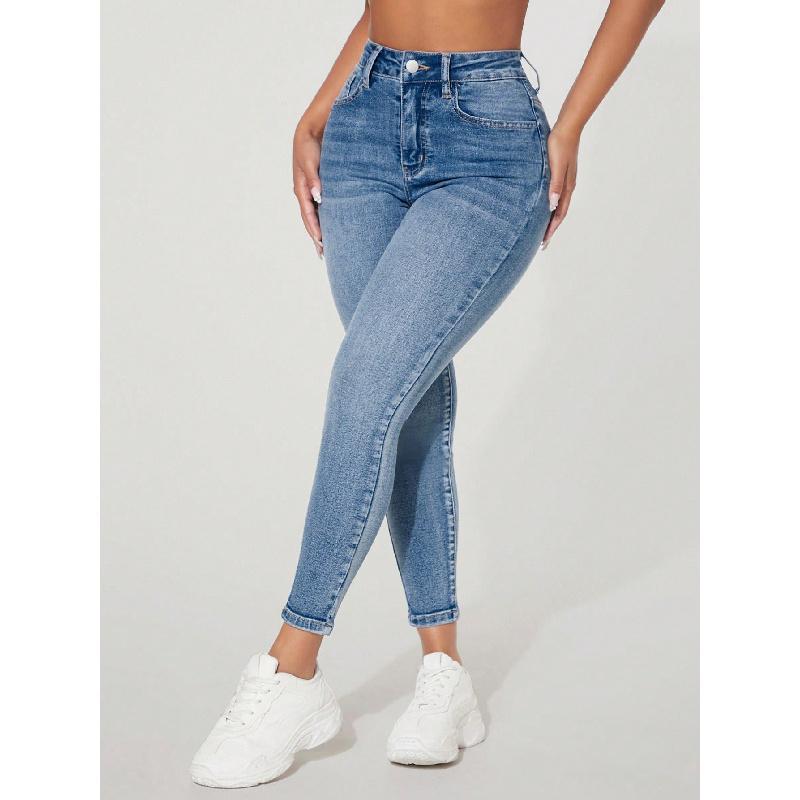 High Waist Fastener Decoration Skinny Stretch Jeans