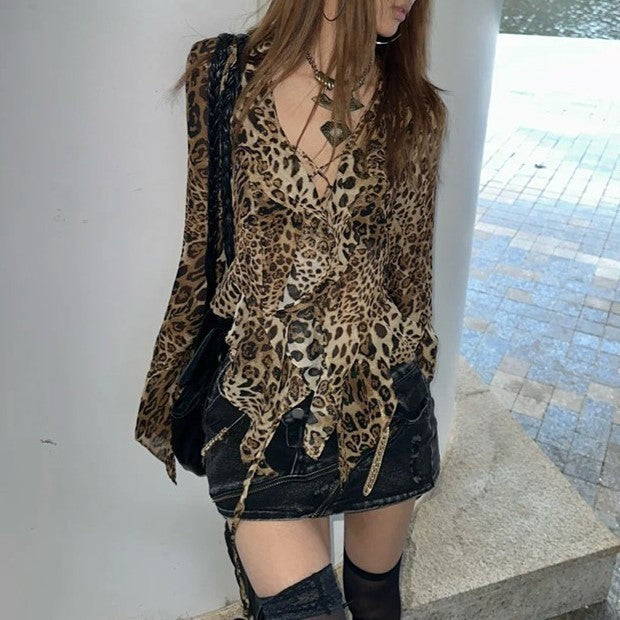 Retro Street Babe Top Leopard Print V-neck Long Sleeve