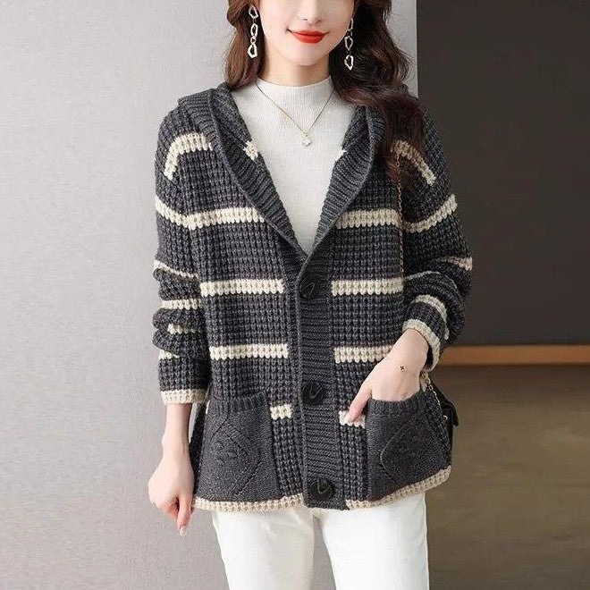Retro Striped Hooded Cropped Sweater Coat