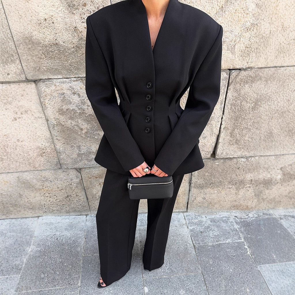 Black Long Sleeve V-neck Pleated Waist Tight Suit Jacket Trousers Two-piece Set