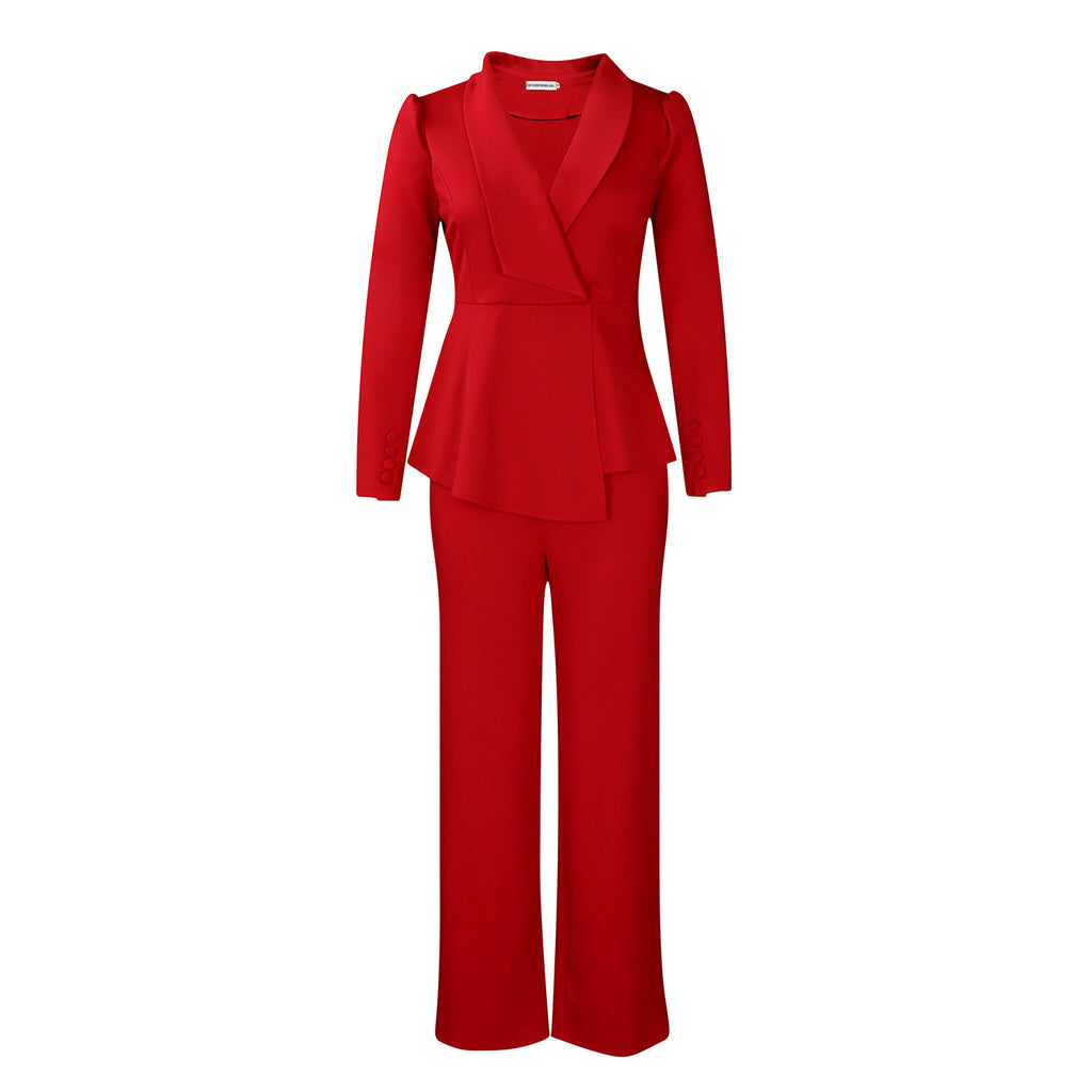 Ruffled Long-sleeved Top Wide-leg Pants Suit