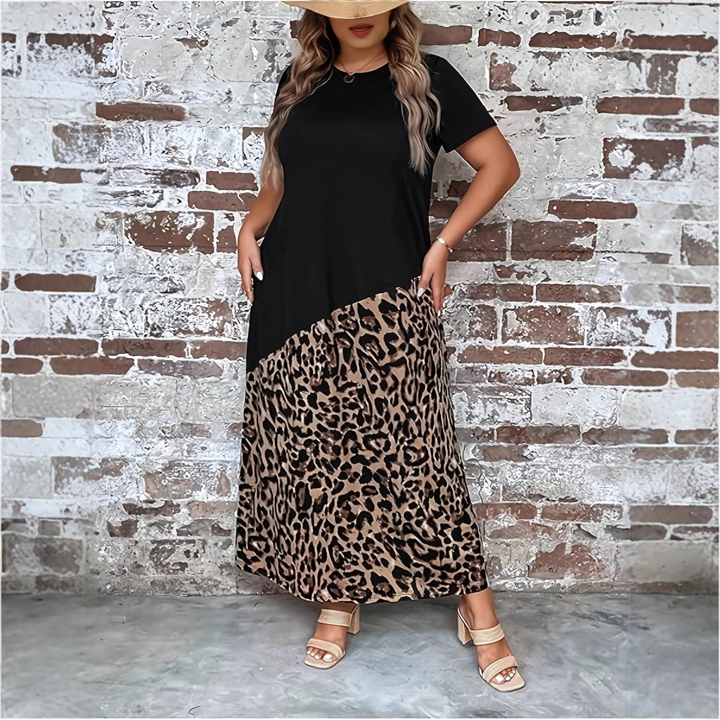Women's Casual Short-sleeved Leopard Print Loose Stitching Maxi Dress