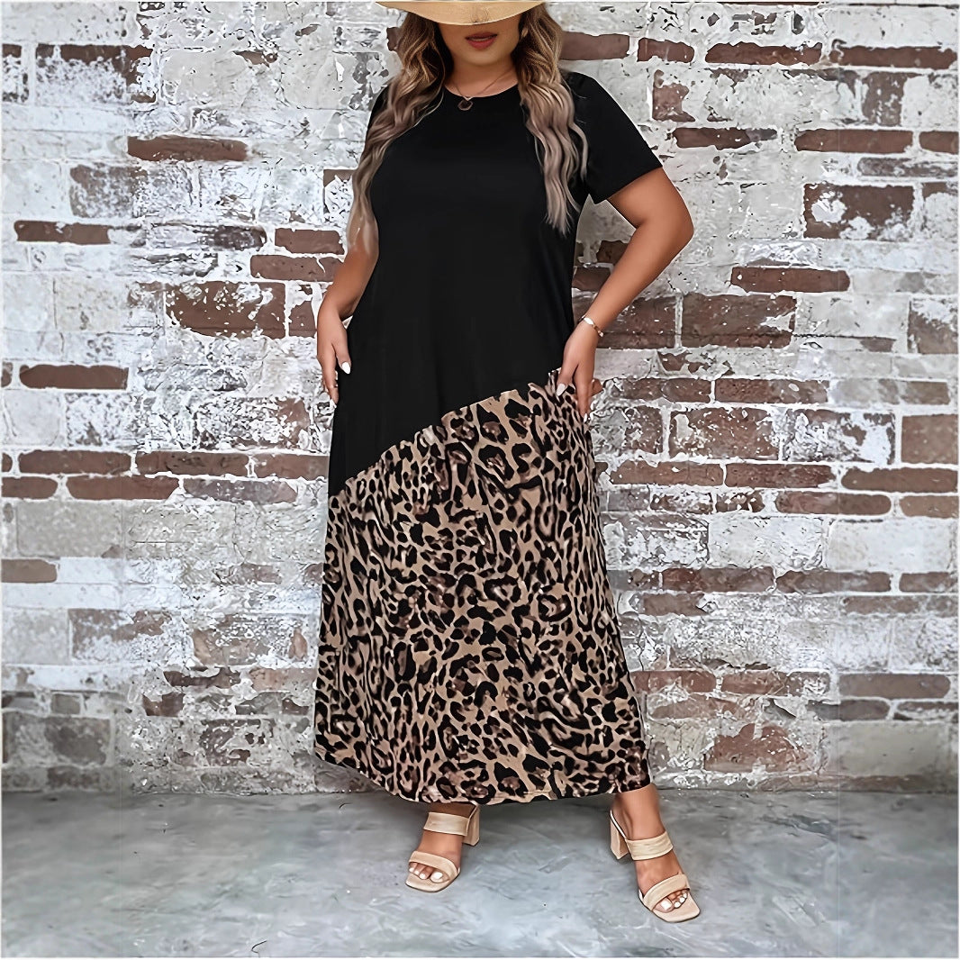 Women's Casual Short-sleeved Leopard Print Loose Stitching Maxi Dress