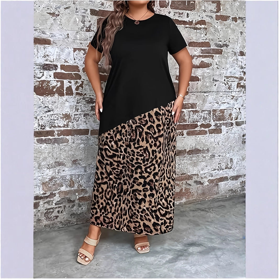 Women's Casual Short-sleeved Leopard Print Loose Stitching Maxi Dress