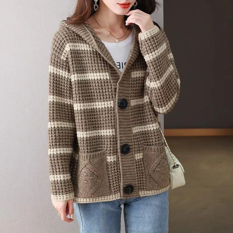Retro Striped Hooded Cropped Sweater Coat