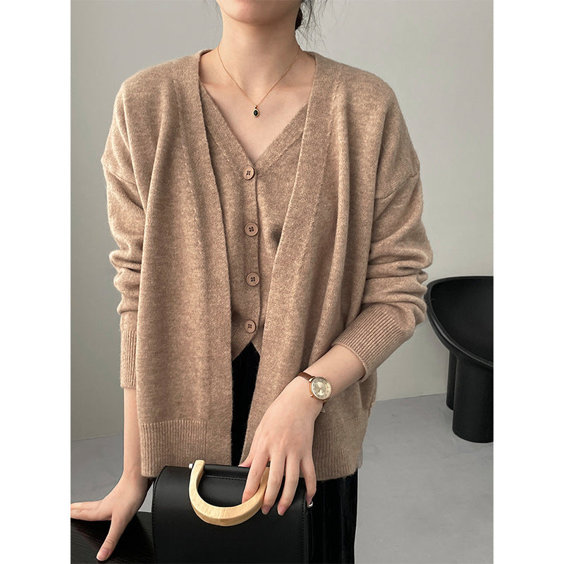 Simple V-neck Single Breasted Vest Knitted Cardigan Two-piece Short Sweater Suit For Women