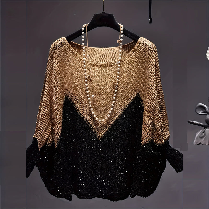 Women's Color-Block Batwing Sleeve Top, Loose Fit Round Neck Knit Sweater For Spring And Fall