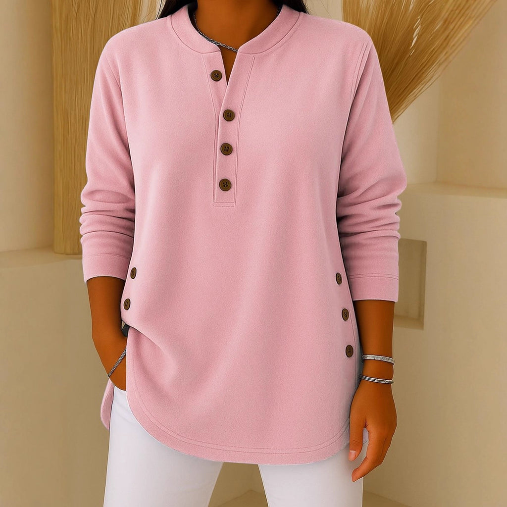 V-neck Button Solid Color Knitted Long Sleeve T-shirt
