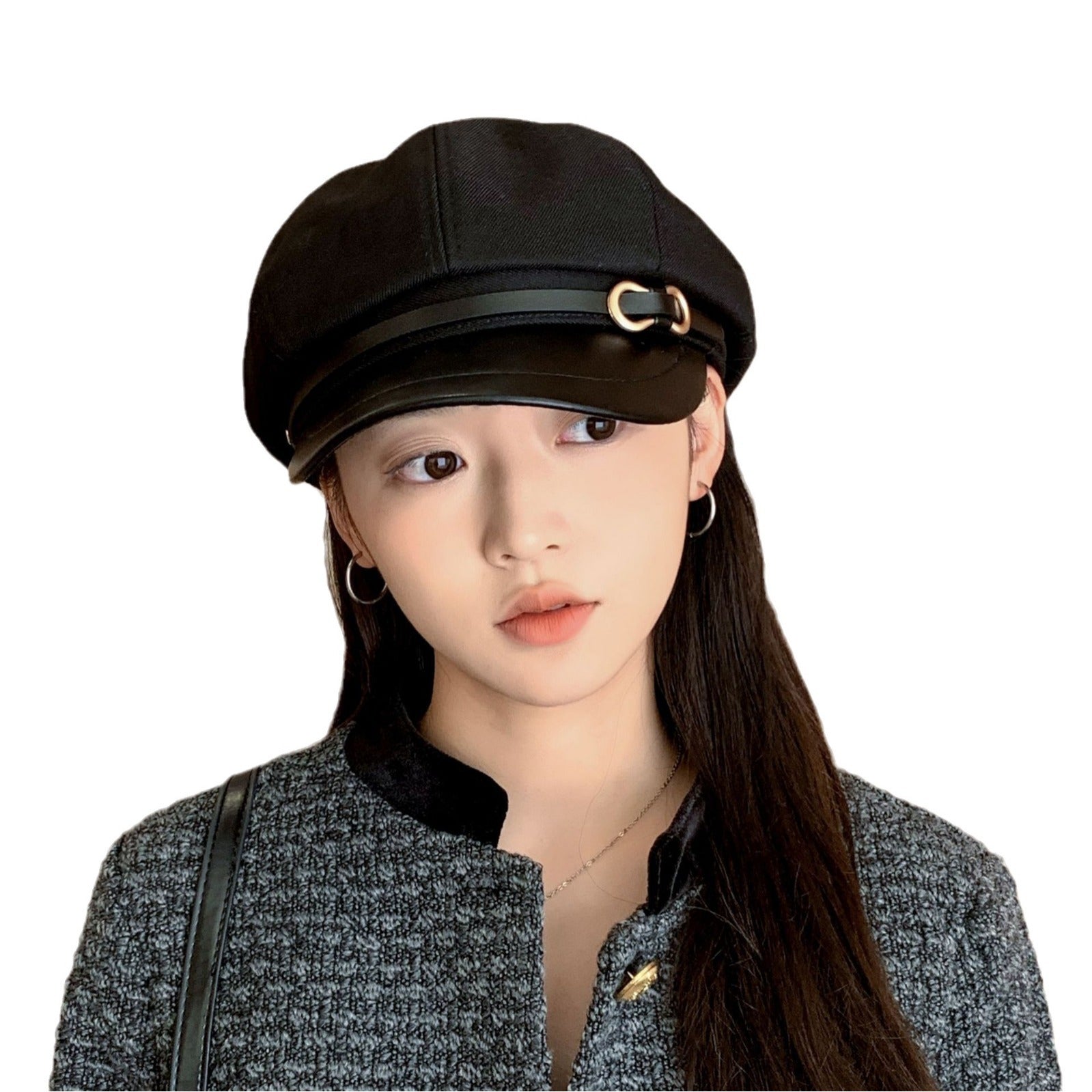 Casual Face-showing Small Peak Cap Octagonal Cap Leather Brim Hat With Buckle