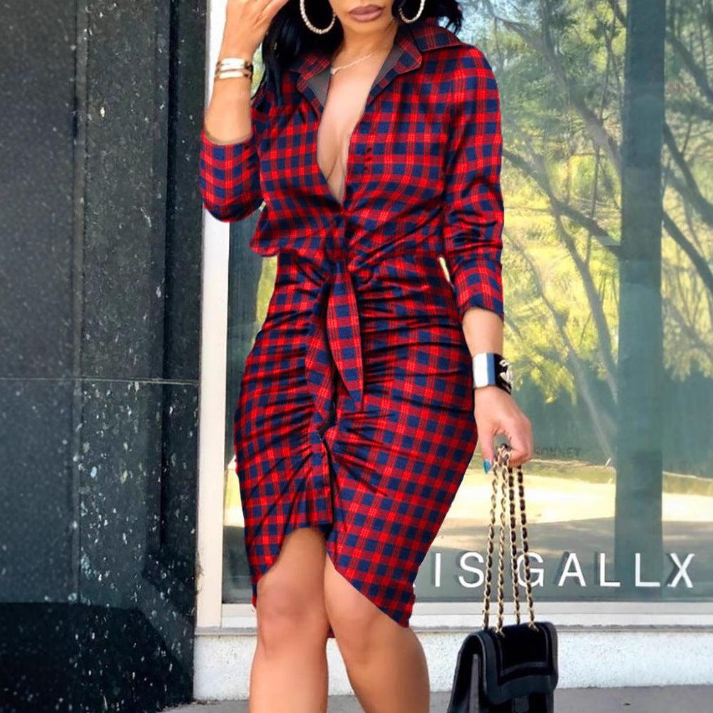 Women's Lace-up Solid Color Long-sleeved Shirt Dress