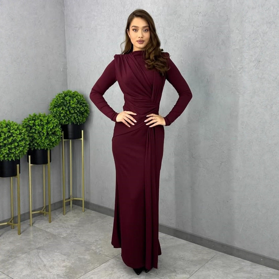 Long Sleeve Fitted Waist Pleated Slim-fit Long Dress