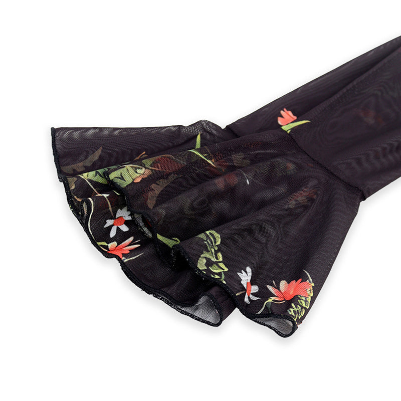 Women's Floral Print Maxi Dress, Sheer Mesh Flare Sleeve With Tiered Ruffle, Romantic Boho Casual Long Dress