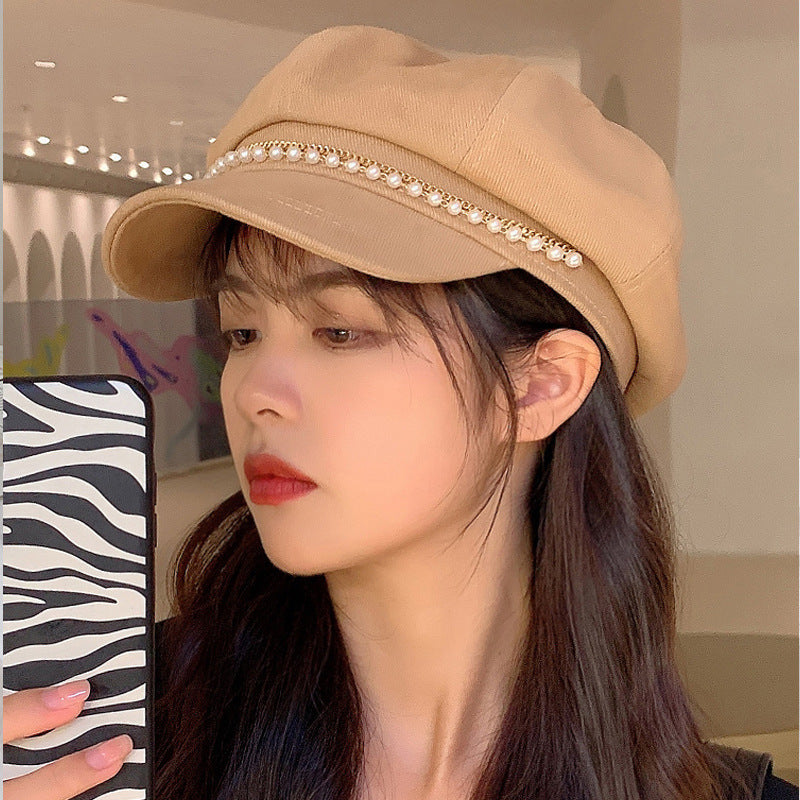 Pearl Octagonal Cap Korean Style All-matching Graceful Beret Classic Style Duck Tongue Newsboy Cap Tide