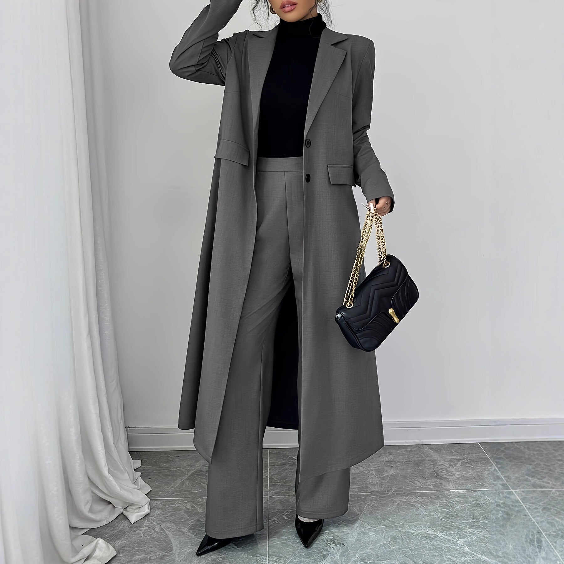 Long Jacket Without Lining Pants Elegant Graceful Two-piece Suit