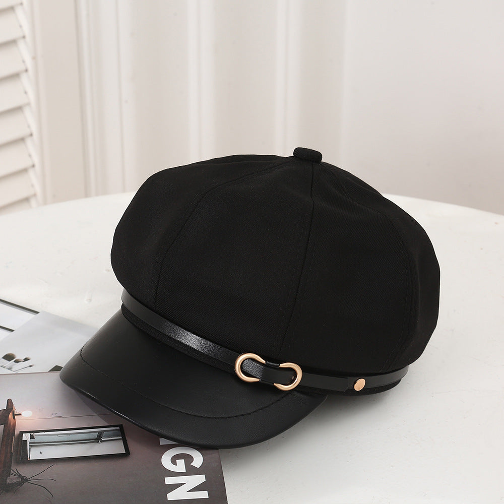 Casual Face-showing Small Peak Cap Octagonal Cap Leather Brim Hat With Buckle