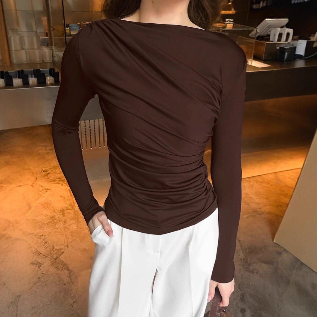 Brown Round Neck Bottoming Shirt Temperament Waist-controlled Long Sleeve