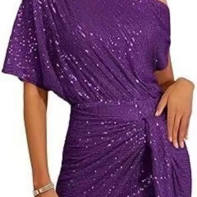 Women's Brimmed Shiny Party Dress One Shoulder Pleated