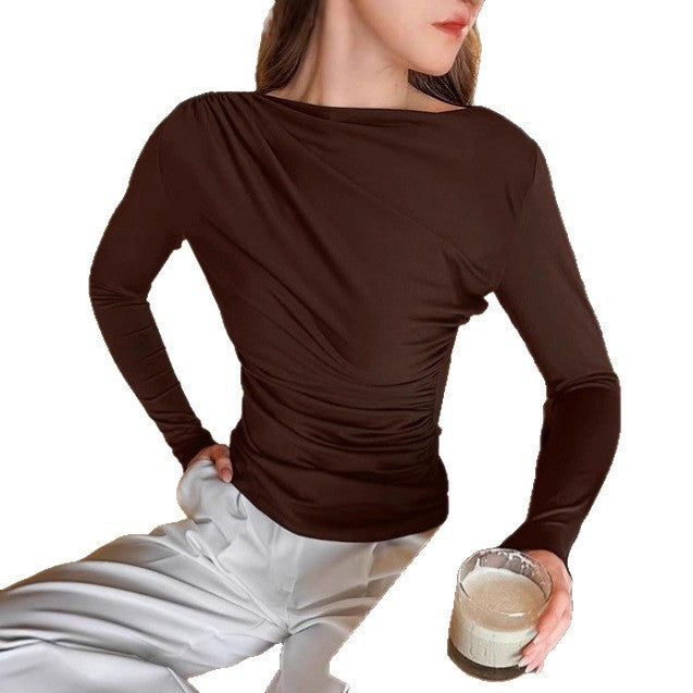 Brown Round Neck Bottoming Shirt Temperament Waist-controlled Long Sleeve