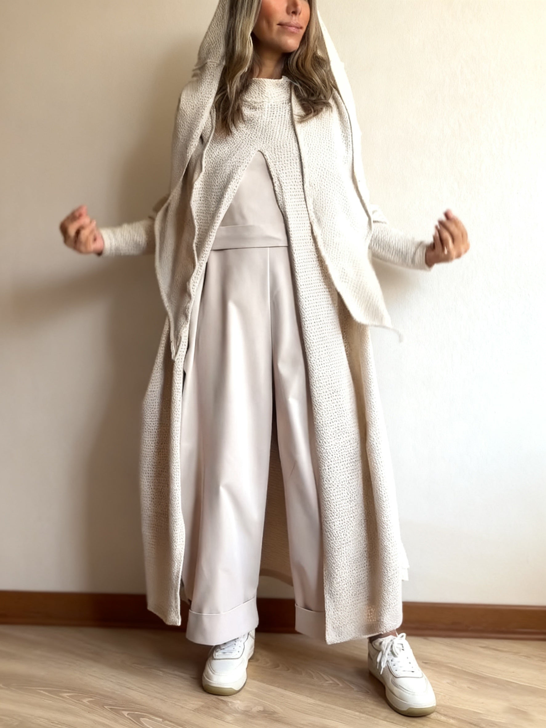 Beige Knit Hooded Duster Top
