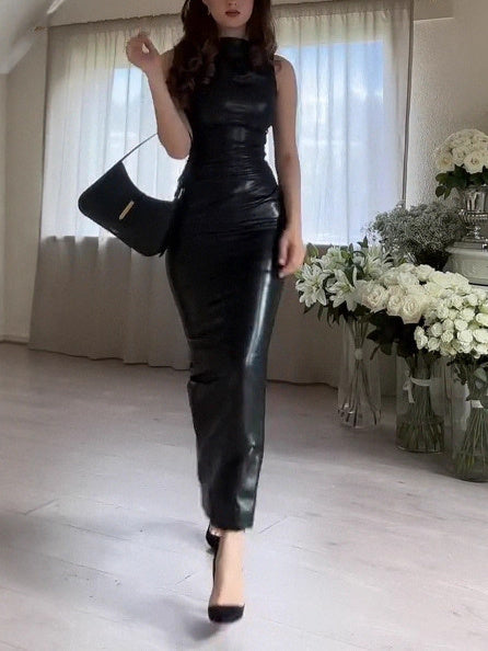 Elegant Sleeveless Leather Bodycon Dress