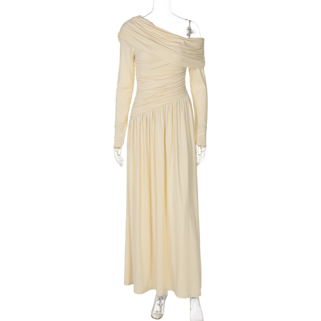 Women's Fashion Sexy Diagonal Collar Pleated Waist Tight Solid Color Dress