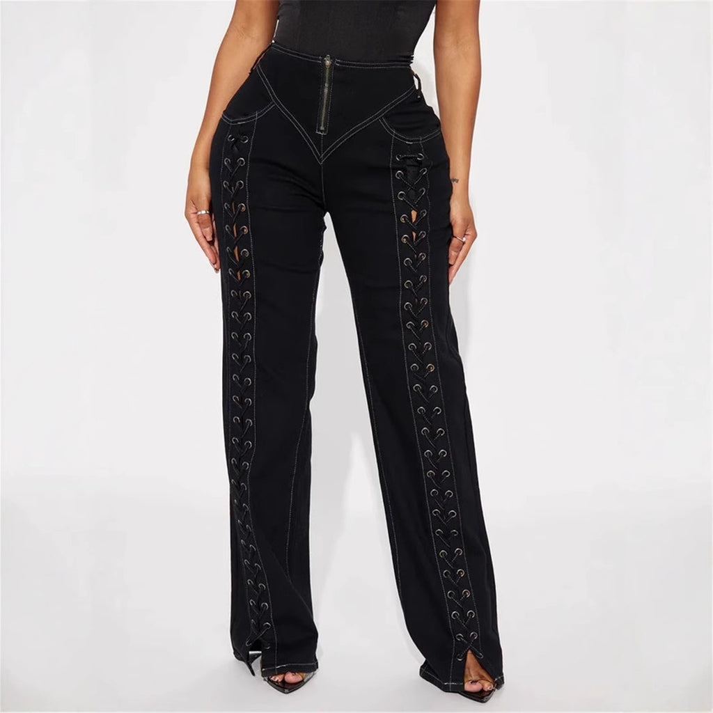 New Low Waist Hollow Lace-up Wide-leg Jeans For Women