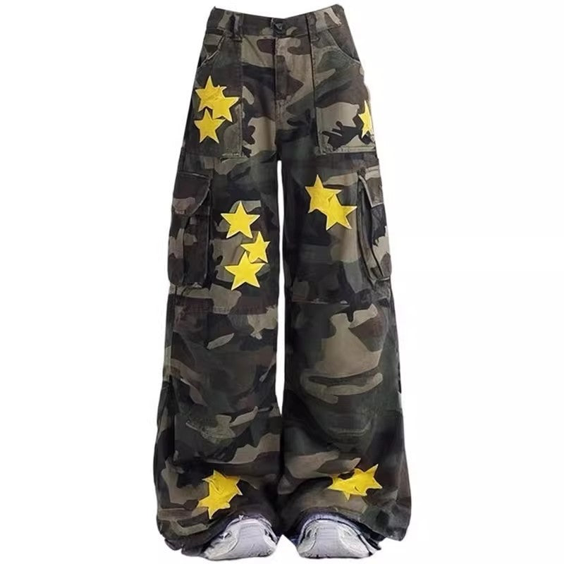 Retro Camouflage Workwear Jeans Women's Wide Leg Mop Pants