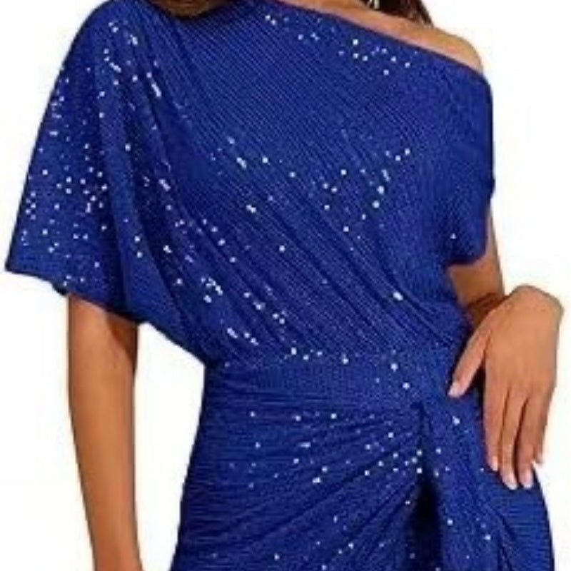 Women's Brimmed Shiny Party Dress One Shoulder Pleated