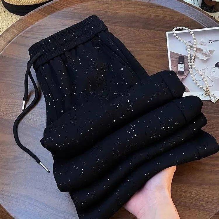 Glittering Starry Sky Ice Silk Wide-Leg Pants Women's High-Waisted Straight-Tube Floor-Mopping Casual Sports Long Pants Women