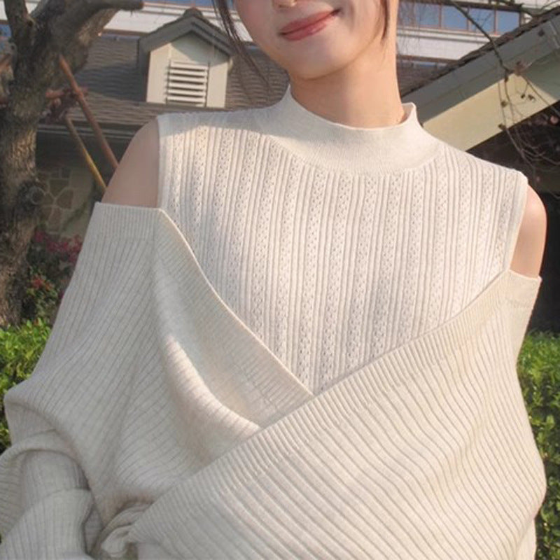 Women's Half Turtleneck Off Shoulder Fake Two Pieces Hollow-out Knitted Sweater