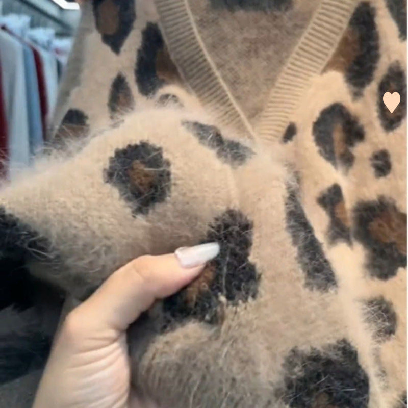 Leopard Print Thick Warm Coat Loose Lazy Knitted Cardigan Sweater